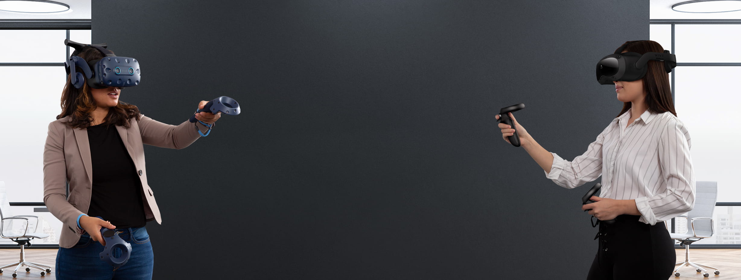 3 people using VIVE VR headsets for business situations. 