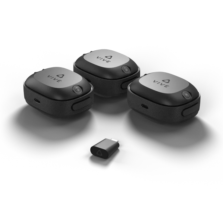 VIVE Ultimate Tracker 3+1 Kit featuring three VIVE Ultimate Trackers and one VIVE Wireless Dongle.