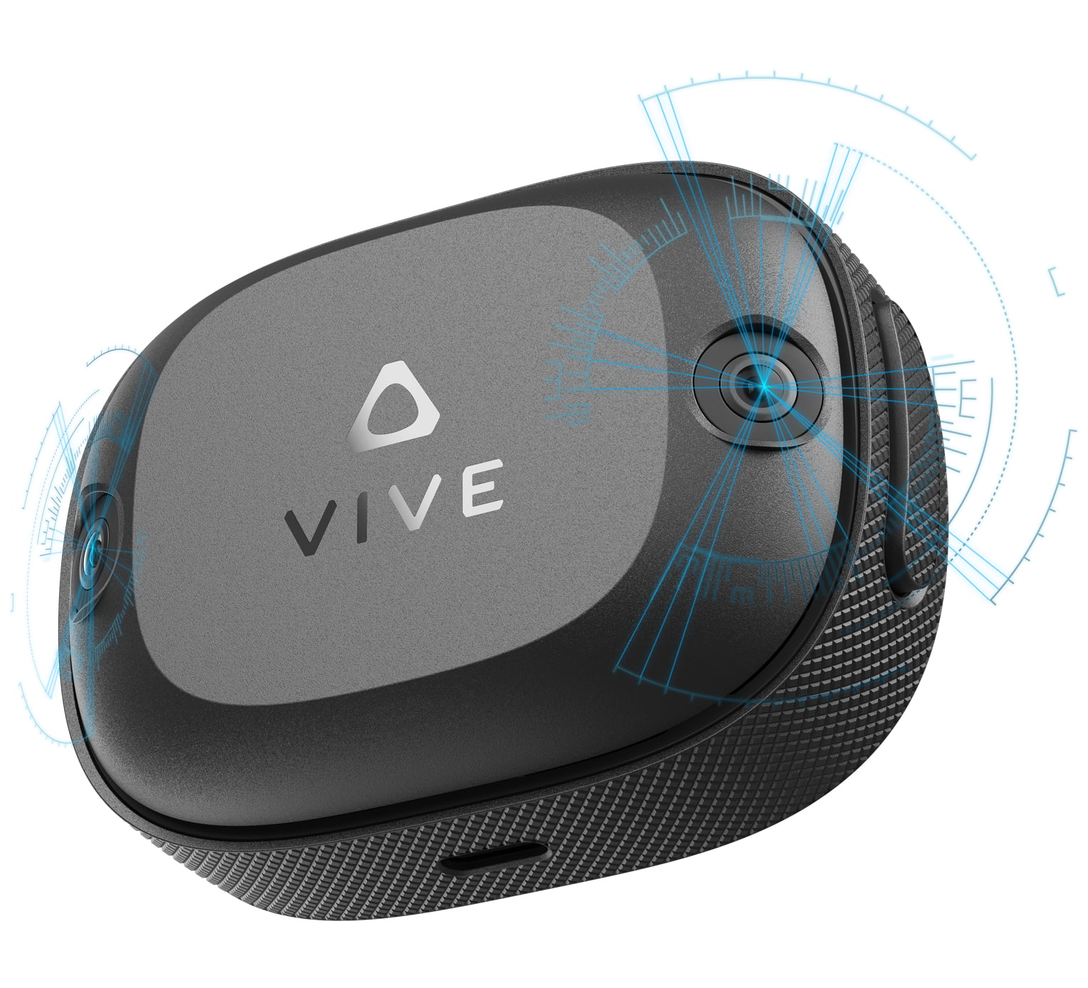 Close-up of VIVE Ultimate Tracker, inside-out standalone tracker from HTC VIVE, showing USB-C port and two cameras