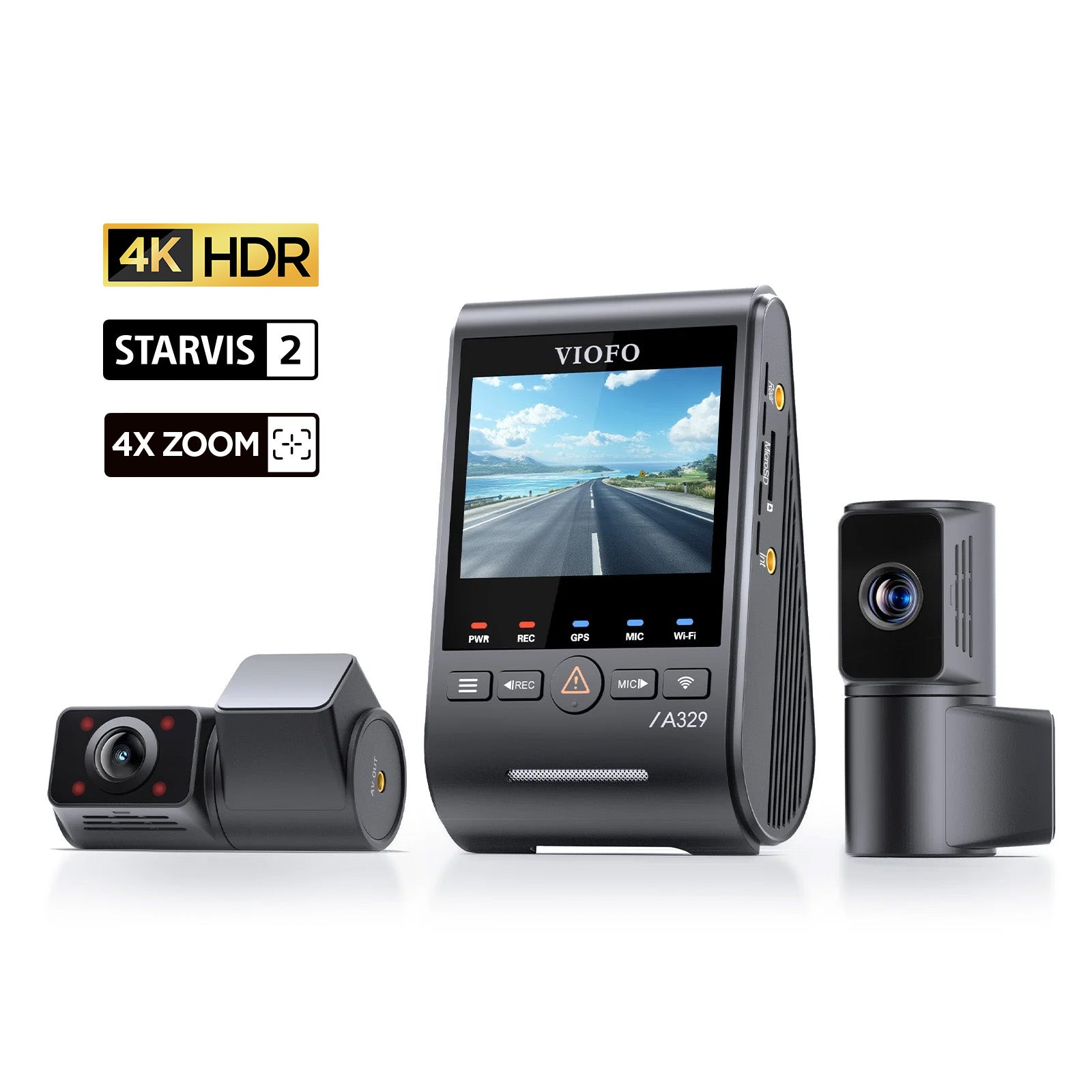 VIOFO A329TC 3 鏡頭 4K 30 幀 前置+2K 望遠+2K 魚眼 車廂 行車記錄儀 配 Sony STARVIS 2 感光元件,210° Ultra-廣角 Angle 紅外線 Interior HDR 超強夜視,4 倍光學變焦 望遠 Capture Farther 圖 1